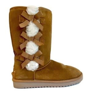 Koolaburra by UGG Tall Boots Chestnut Suede Leather Faux Fur Pom Pom Size 8